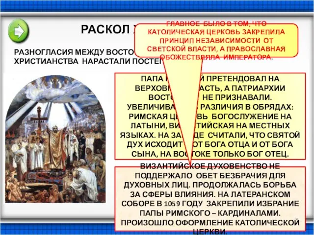 РАСКОЛ ХРИСТИАНСТВА РАЗНОГЛАСИЯ МЕЖДУ ВОСТОЧНОЙ И ЗАПАДНОЙ ВЕТВЯМИ ХРИСТИАНСТВА НАРАСТАЛИ ПОСТЕПЕННО. ПАПА