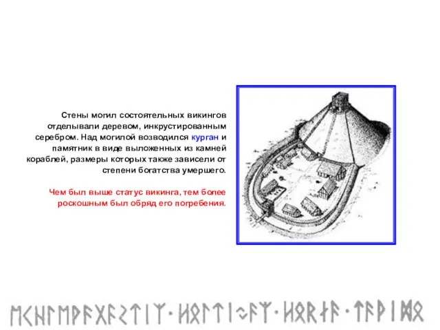 Стены могил состоятельных викингов отделывали деревом, инкрустированным серебром. Над могилой возводился курган