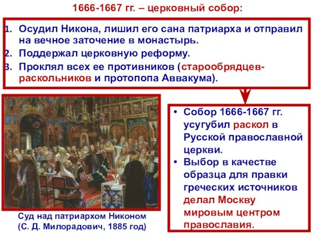 Суд над патриархом Никоном (С. Д. Милорадович, 1885 год) Осудил Никона, лишил