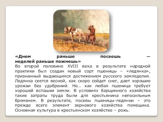 «Днем раньше посеешь — неделей раньше пожнешь» Во второй половине XVIII века