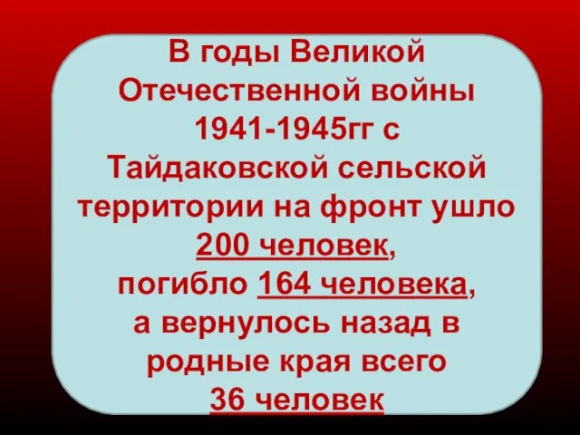 В годы Великой Отечественной войны 1941-1945гг с Тайдаковской сельской территории на фронт