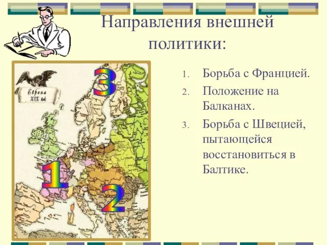 Направления внешней политики: Борьба с Францией. Положение на Балканах. Борьба с Швецией,