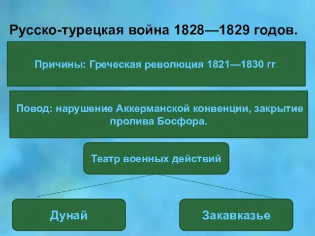 Русско-турецкая война 1828—1829 годов. Причины: Греческая революция 1821—1830 гг. Повод: нарушение Аккерманской