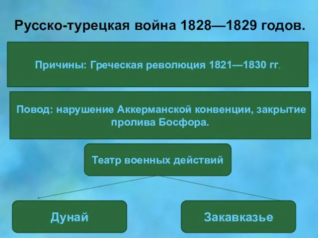 Русско-турецкая война 1828—1829 годов. Причины: Греческая революция 1821—1830 гг. Повод: нарушение Аккерманской