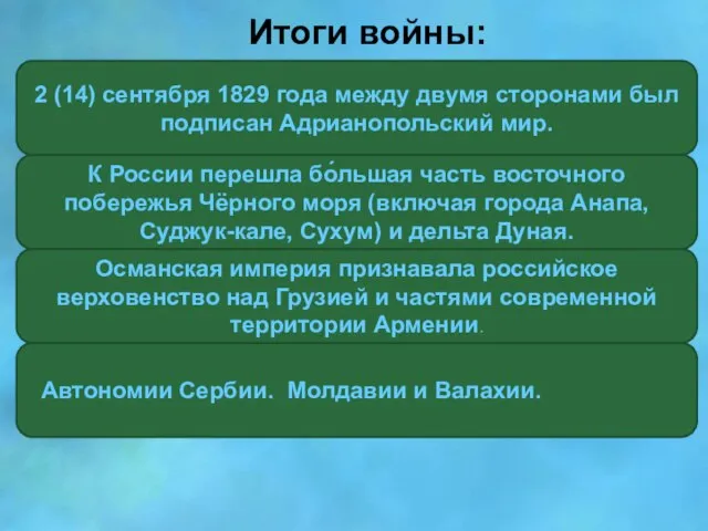 Итоги войны: 2 (14) сентября 1829 года между двумя сторонами был подписан