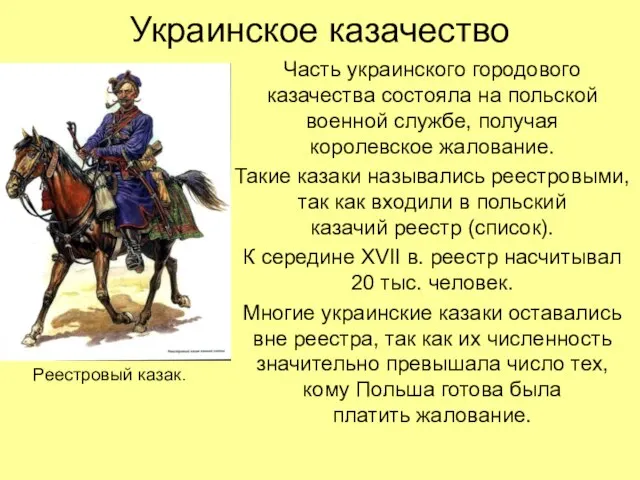 Украинское казачество Часть украинского городового казачества состояла на польской военной службе, получая