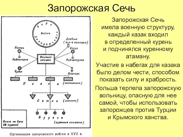 Запорожская Сечь Запорожская Сечь имела военную структуру, каждый казак входил в определенный