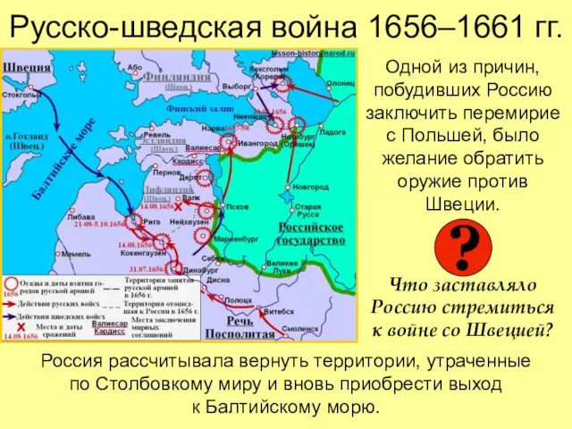 Русско-шведская война 1656–1661 гг. Одной из причин, побудивших Россию заключить перемирие с