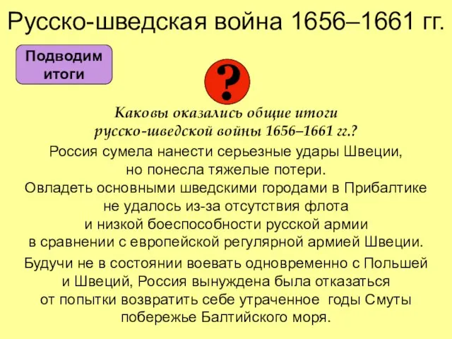 Русско-шведская война 1656–1661 гг. Каковы оказались общие итоги русско-шведской войны 1656–1661 гг.?