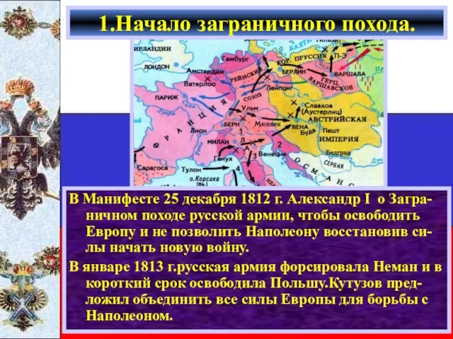 В Манифесте 25 декабря 1812 г. Александр I о Загра-ничном походе русской