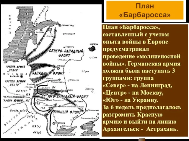План «Барбаросса» План «Барбаросса», составленный с учетом опыта войны в Европе предусматривал