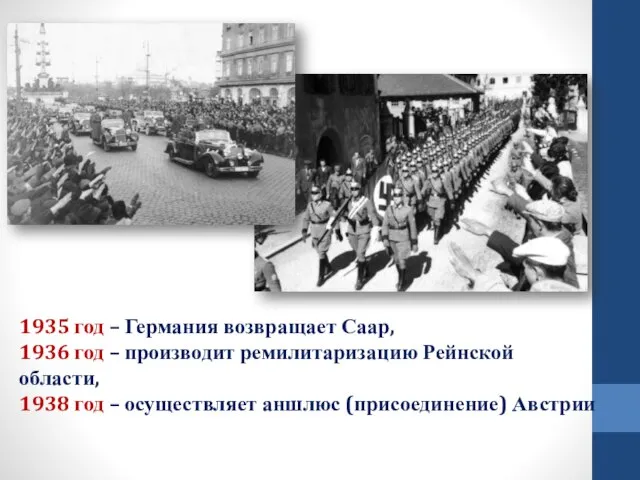 1935 год – Германия возвращает Саар, 1936 год – производит ремилитаризацию Рейнской