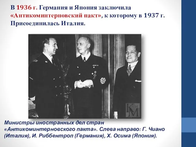 Министры иностранных дел стран «Антикоминтерновского пакта». Слева направо: Г. Чиано (Италия), И.