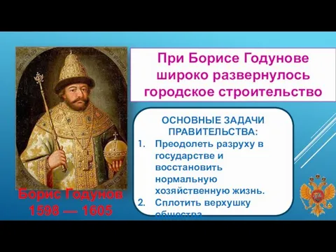 Борис Годунов 1598 — 1605 При Борисе Годунове широко развернулось городское строительство