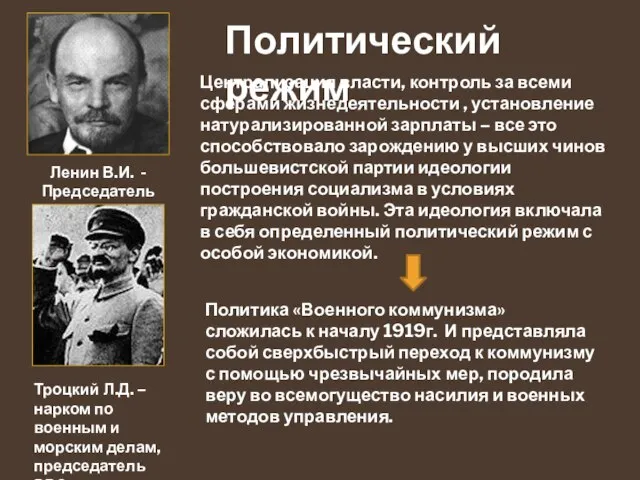 Ленин В.И. - Председатель СНК Политический режим Централизация власти, контроль за всеми