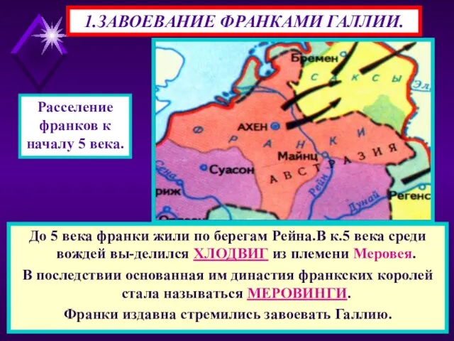 1.ЗАВОЕВАНИЕ ФРАНКАМИ ГАЛЛИИ. До 5 века франки жили по берегам Рейна.В к.5