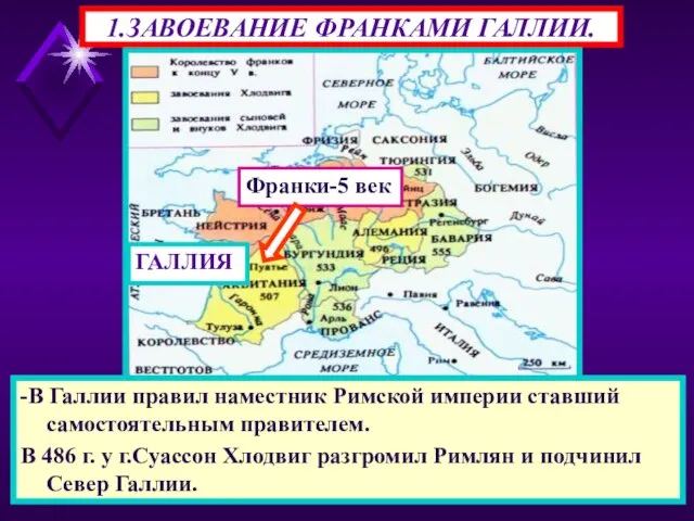 1.ЗАВОЕВАНИЕ ФРАНКАМИ ГАЛЛИИ. -В Галлии правил наместник Римской империи ставший самостоятельным правителем.