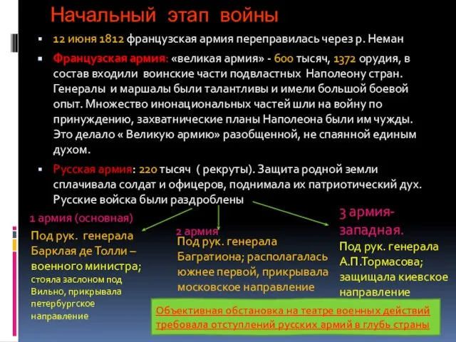 Начальный этап войны 12 июня 1812 французская армия переправилась через р. Неман