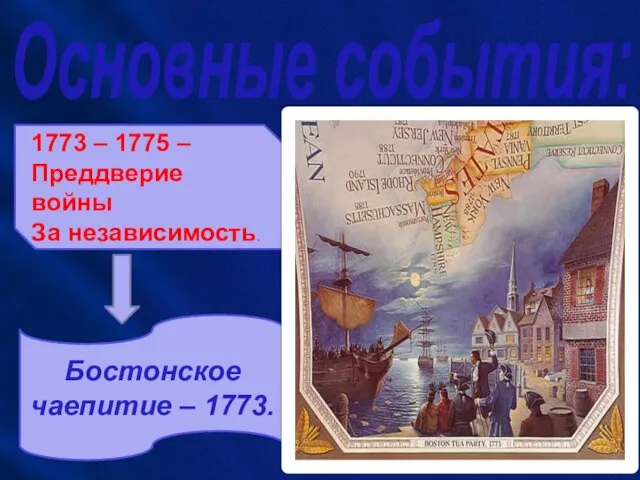 Основные события: 1773 – 1775 – Преддверие войны За независимость. Бостонское чаепитие – 1773.