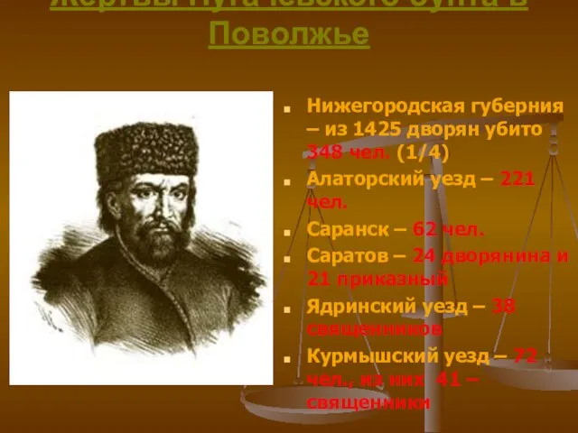 Жертвы Пугачевского бунта в Поволжье Нижегородская губерния – из 1425 дворян убито