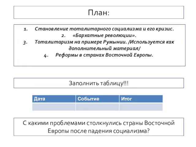 План: Становление тоталитарного социализма и его кризис. «Бархатные революции». Тоталитаризм на примере