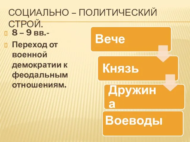 Социально – политический строй. 8 – 9 вв.- Переход от военной демократии к феодальным отношениям.