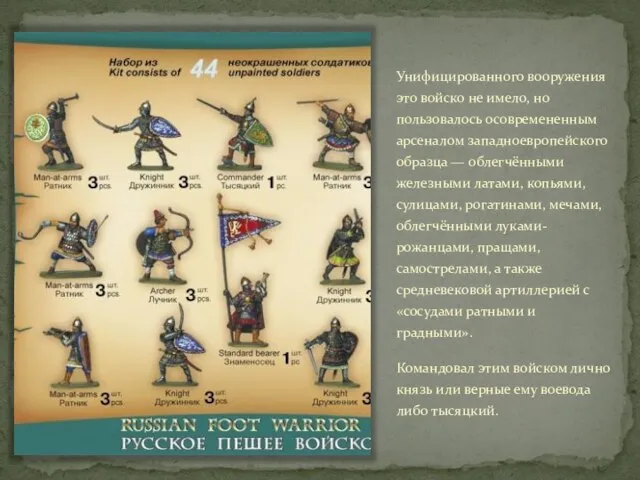 Унифицированного вооружения это войско не имело, но пользовалось осовремененным арсеналом западноевропейского образца