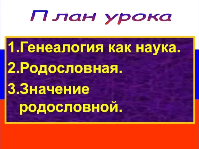 План урока 1.Генеалогия как наука. 2.Родословная. 3.Значение родословной.