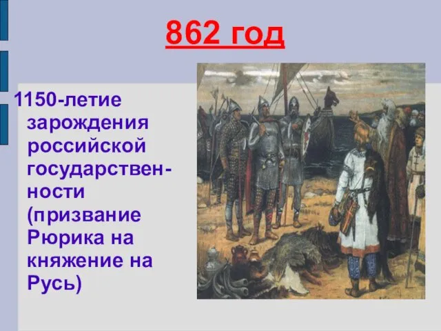 862 год 1150-летие зарождения российской государствен-ности (призвание Рюрика на княжение на Русь)