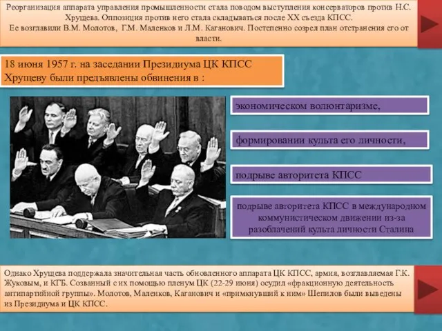 Реорганизация аппарата управления промышленности стала поводом выступления консерваторов против Н.С. Хрущева. Оппозиция