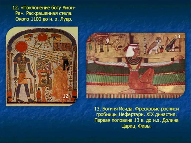 12. «Поклонение богу Амон-Ра». Раскрашенная стела. Около 1100 до н. э. Лувр.