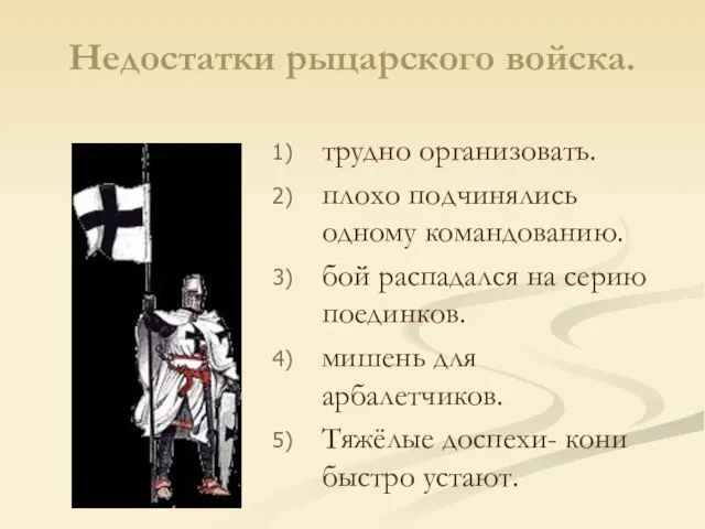 Недостатки рыцарского войска. трудно организовать. плохо подчинялись одному командованию. бой распадался на