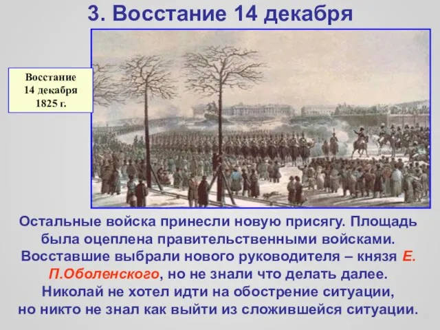3. Восстание 14 декабря Остальные войска принесли новую присягу. Площадь была оцеплена