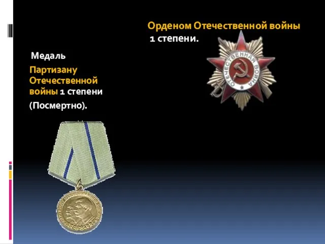 Медаль Партизану Отечественной войны 1 степени (Посмертно). Орденом Отечественной войны 1 степени.