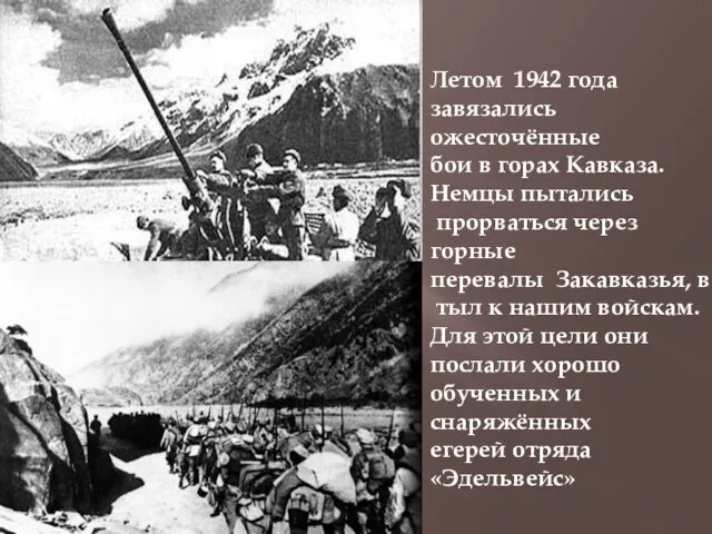 Летом 1942 года завязались ожесточённые бои в горах Кавказа. Немцы пытались прорваться