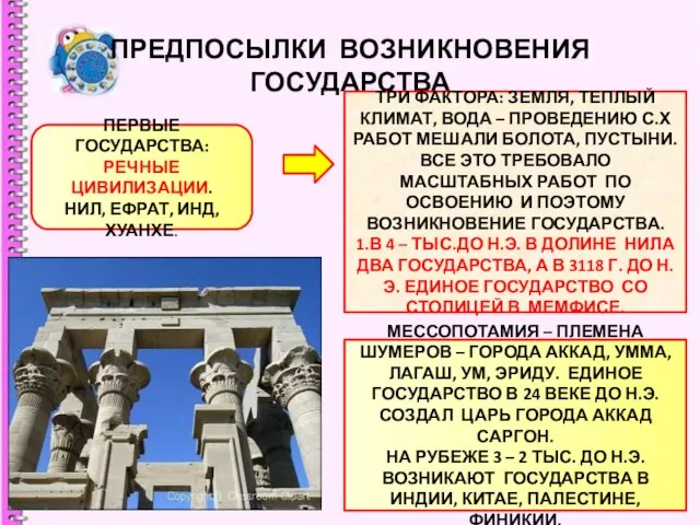 ПРЕДПОСЫЛКИ ВОЗНИКНОВЕНИЯ ГОСУДАРСТВА ПЕРВЫЕ ГОСУДАРСТВА: РЕЧНЫЕ ЦИВИЛИЗАЦИИ. НИЛ, ЕФРАТ, ИНД, ХУАНХЕ. ТРИ