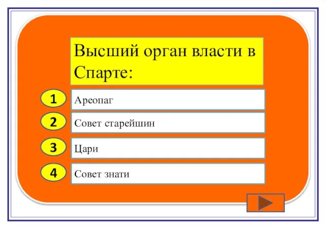 2 3 4 Совет старейшин Цари Совет знати Ареопаг 1 Высший орган власти в Спарте: