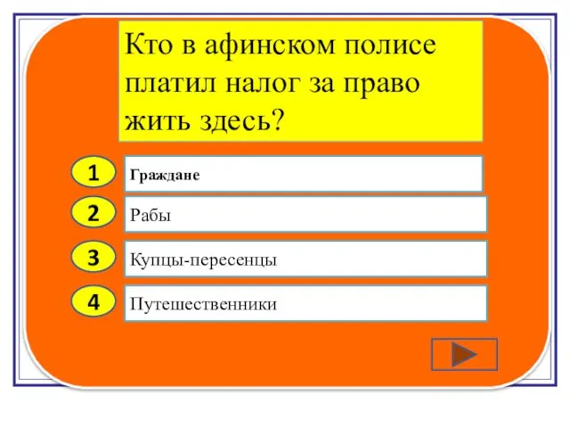 2 3 4 Рабы Купцы-пересенцы Путешественники Граждане 1 Кто в афинском полисе