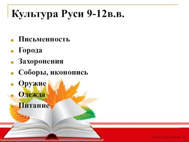 Культура Руси 9-12в.в. Письменность Города Захоронения Соборы, иконопись Оружие Одежда Питание