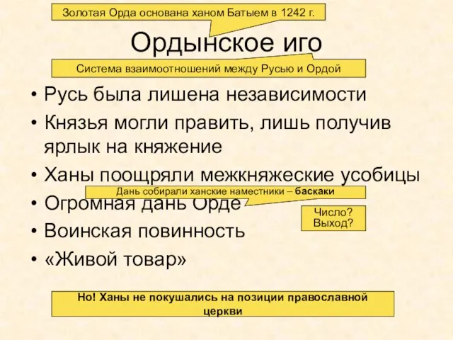 Ордынское иго Русь была лишена независимости Князья могли править, лишь получив ярлык