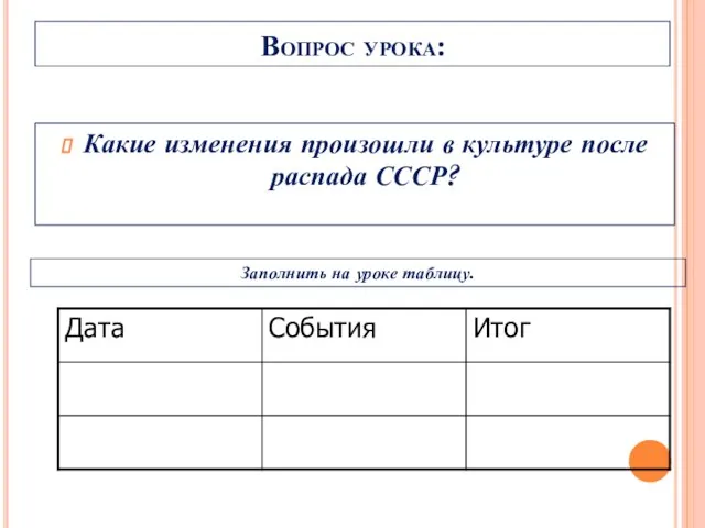 Вопрос урока: Какие изменения произошли в культуре после распада СССР? Заполнить на уроке таблицу.