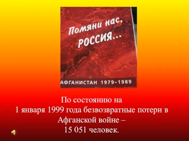 По состоянию на 1 января 1999 года безвозвратные потери в Афганской войне – 15 051 человек.