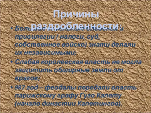 . Большие земельные владения и привилегии ( налоги, суд, собственное войско) знати