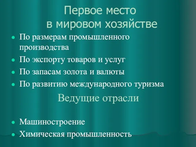 Первое место в мировом хозяйстве По размерам промышленного производства По экспорту товаров