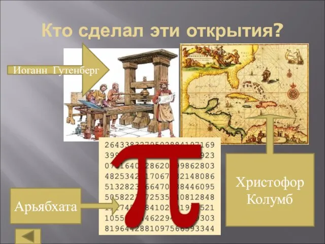 Кто сделал эти открытия? Арьябхата Христофор Колумб Иоганн Гутенберг