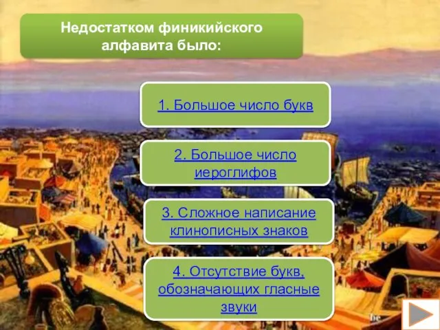 Недостатком финикийского алфавита было: 1. Большое число букв 2. Большое число иероглифов