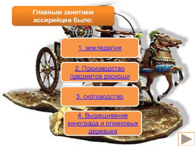 Главным занятием ассирийцев было: 1. земледелие 3. скотоводство 2. Производство предметов роскоши