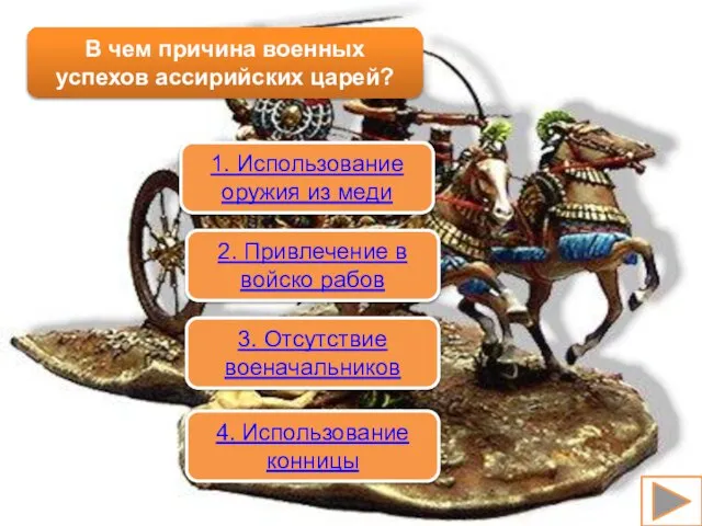 В чем причина военных успехов ассирийских царей? 1. Использование оружия из меди