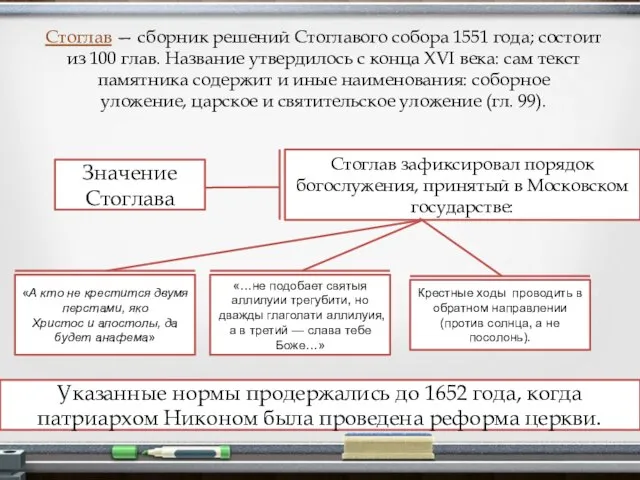 Стоглав — сборник решений Стоглавого собора 1551 года; состоит из 100 глав.