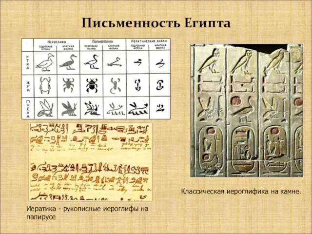 Письменность Египта Классическая иероглифика на камне. Иератика - рукописные иероглифы на папирусе
